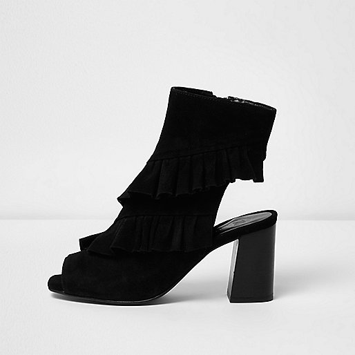 jacques-vertuk Black suede frill peep toe ankle boot 697434 women RI Limited Edition