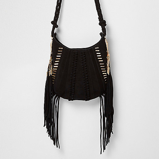 jacques-vertuk Black suede fringe jewel cross body bag 700302 women Bags / Purses Cross Body Bags