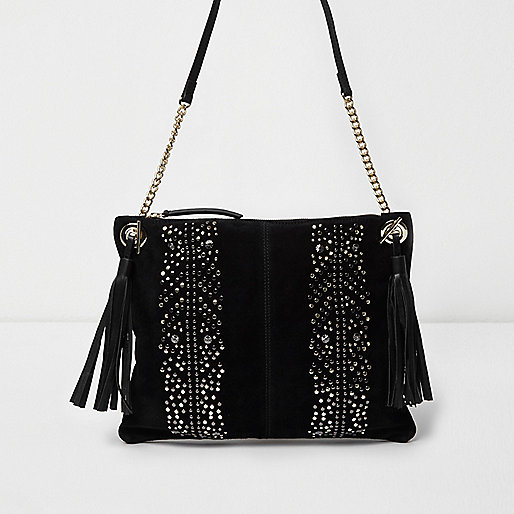 jacques-vertuk Black suede studded cross body chain bag 703060 women Bags / Purses Cross Body Bags