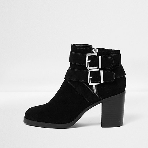 jacques-vertuk Black suede triple buckle block heel boots 707165 women Shoes / Boots Boots