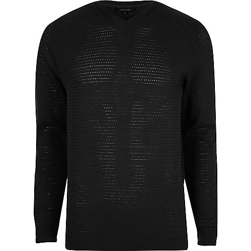 jacques-vertuk Black textured knit V neck slim fit sweater 300918 men Jumpers / Cardigans Jumpers