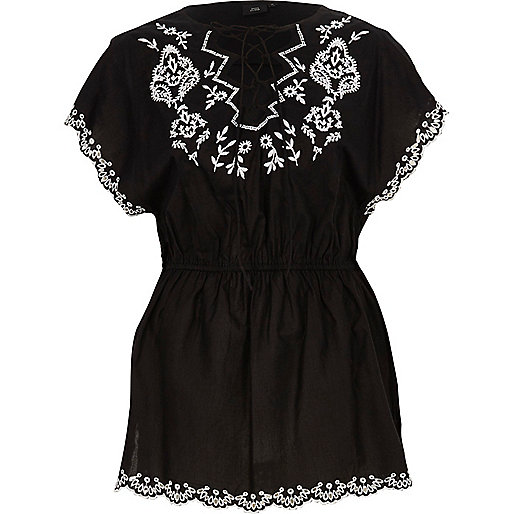 river island black cut out dress,jacques-vertuk Outlet Black tie front embroidered top women 702611