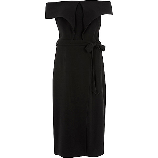 jacques-vertuk Black tie waist belt wrap midi dress 709813 women Dresses Swing Dresses