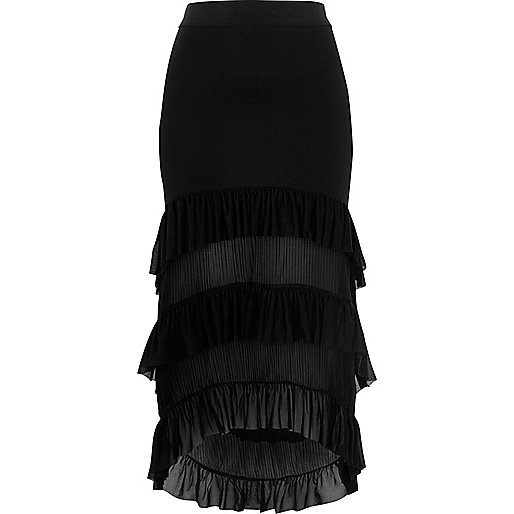 jacques-vertuk Black tiered high-low pleated maxi skirt 702679 women Skirts