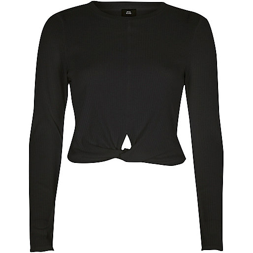 jacques-vertuk Black twist front long sleeve crop top 708060 women Tops Crop Tops / Bralets