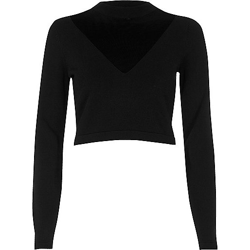 jacques-vertuk Black V-neck mesh panel crop top 694450 women Knitwear