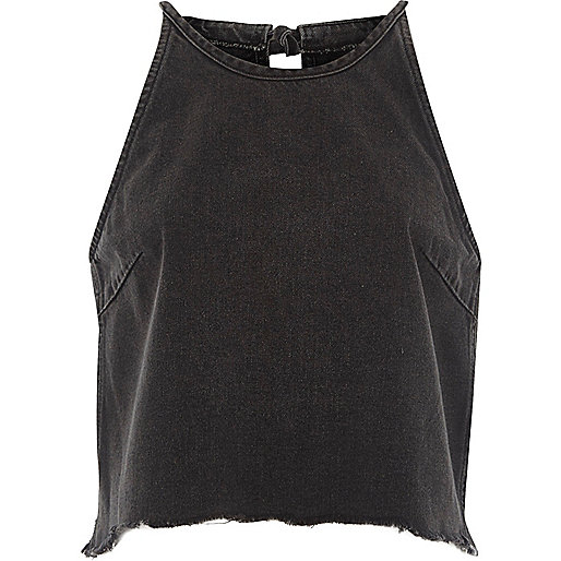 jacques-vertuk Black washed denim sleeveless crop top 702215 women RI Limited Edition