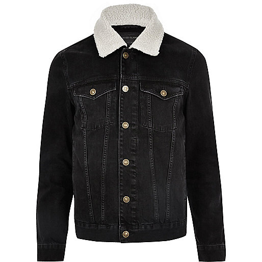 river island black wool coat,Island River Shop Black washed fleece lined denim jacket Jackets Coats / Jackets men