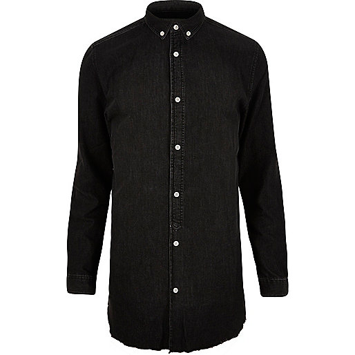 jacques-vertuk Black washed raw hem longline denim shirt 296286 men Shirts