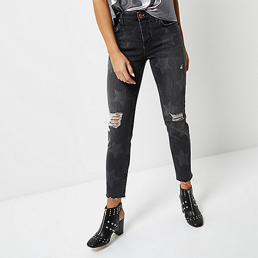 river island black bag gold chain,jacques-vertuk London Black washed star print Ashley boyfriend jean women 694317