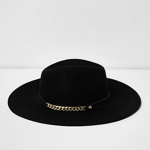 jacques-vertuk Black wide brim chain trim fedora hat 706003 women Accessories Hats