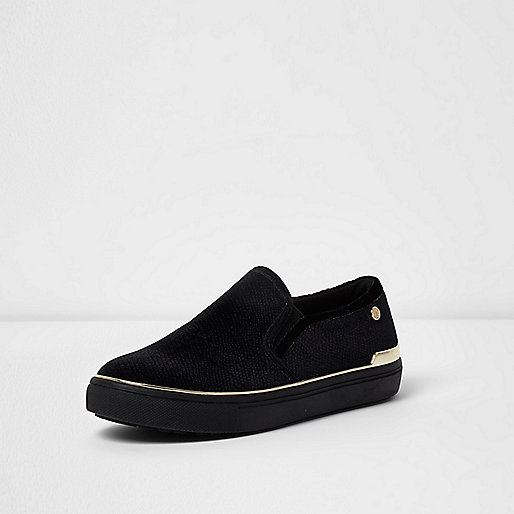 jacques-vertuk Black wide fit gold tone slip on plimsolls 704092 women Shoes / Boots Plimsolls / Trainers