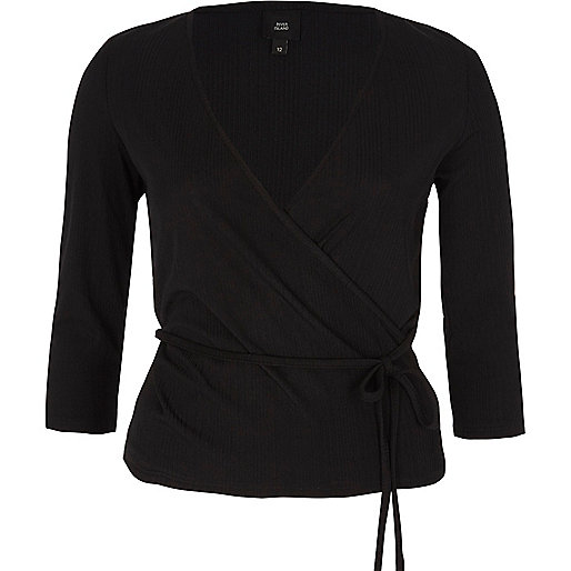 jacques-vertuk Black wrap waist tie long sleeve ballet top 708833 women Tops Crop Tops / Bralets