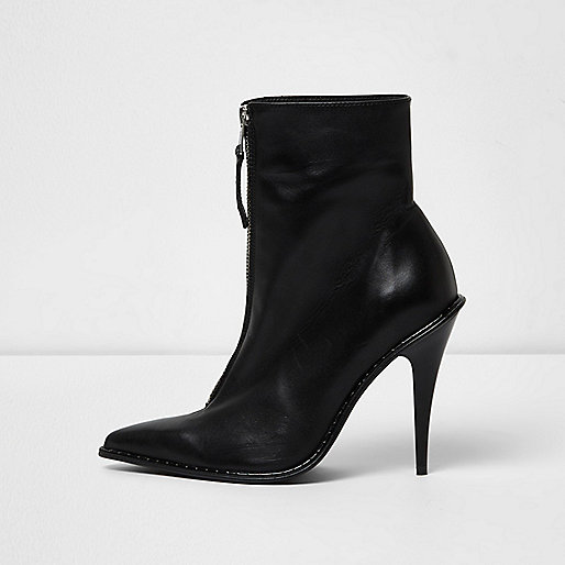 jacques-vertuk Black zip pointed toe stiletto leather boots 706429 women Shoes / Boots Boots