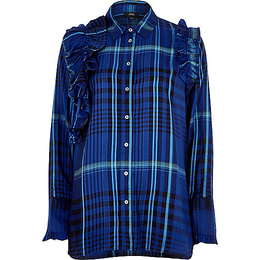 very river island sale,jacques-vertuk UK Sale Blue check ruffle long sleeve shirt women 707622