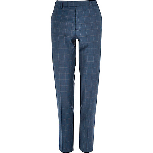 river island dark blue sid skinny jeans,jacques-vertuk Stores Blue check slim suit pants men 296562