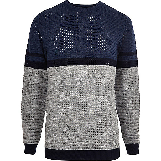 jacques-vertuk Blue contrast stripe block slim fit sweater 302011 men Jumpers / Cardigans