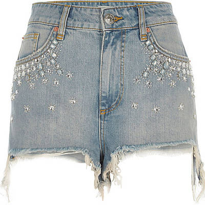 jacques-vertuk Blue embellished high waisted denim shorts 704105 women Shorts Casual Shorts