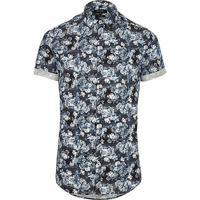 river island one shoulder top,jacques-vertuk Stores Europe Blue floral print short sleeve slim fit shirt Short Sleeve Shirts Shirts men