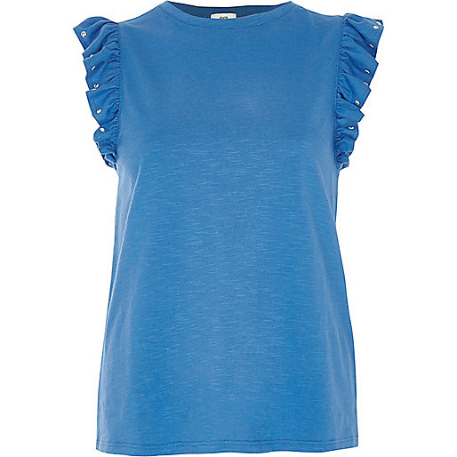 jacques-vertuk Blue frill stud sleeve tank top 710746 women Tops Tank Tops