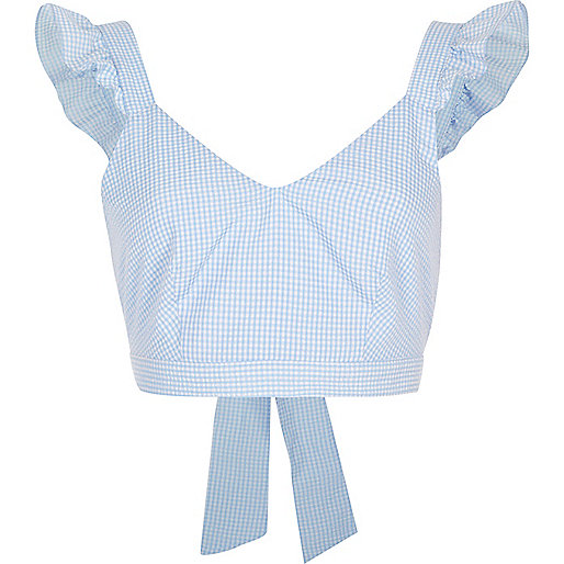 jacques-vertuk Blue gingham frill shoulder crop top 703547 women RI Limited Edition