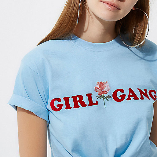 river island ollie spray on jeans,jacques-vertuk Shirts Sale Blue 'girl gang' knot front cropped T-shirt Print T-Shirts / Tanks T-Shirts & Tanks Tops women