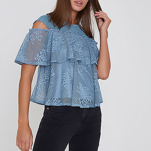 sandale river island,jacques-vertuk UK Sale Blue lace frill button detail top women 706234