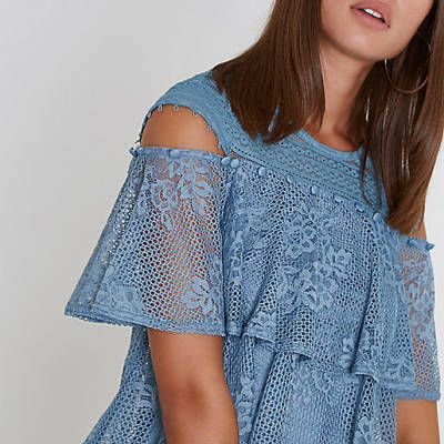 sandale river island,jacques-vertuk UK Sale Blue lace frill button detail top women 706234