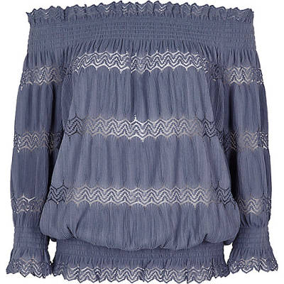 river island blue light discount,jacques-vertuk Sale Blue lace shirred bardot top women 704023