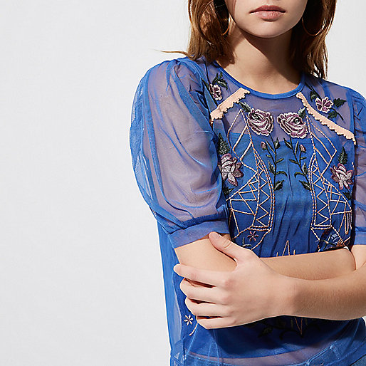 river island bootleg jeans,jacques-vertuk Uae Online Blue mesh floral embroidered short sleeve top Blouses Tops women