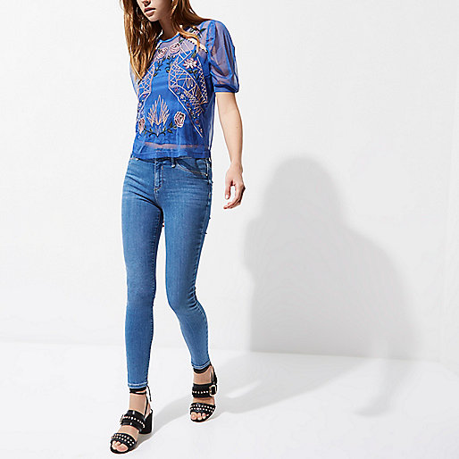 river island bootleg jeans,jacques-vertuk Uae Online Blue mesh floral embroidered short sleeve top Blouses Tops women