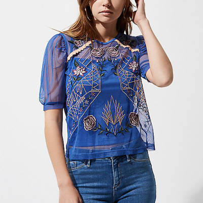 river island bootleg jeans,jacques-vertuk Uae Online Blue mesh floral embroidered short sleeve top Blouses Tops women