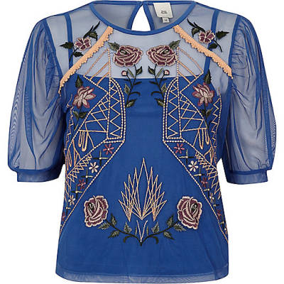 river island bootleg jeans,jacques-vertuk Uae Online Blue mesh floral embroidered short sleeve top Blouses Tops women