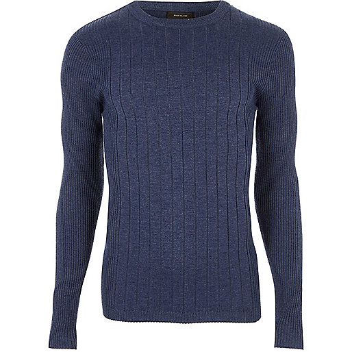 jacques-vertuk Blue mixed rib muscle fit sweater 299063 men Jumpers / Cardigans