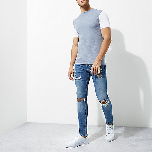 very river island,Ri8Ver Island Blue muscle fit color block sleeve T-shirt T-shirts T-Shirts / Tanks men