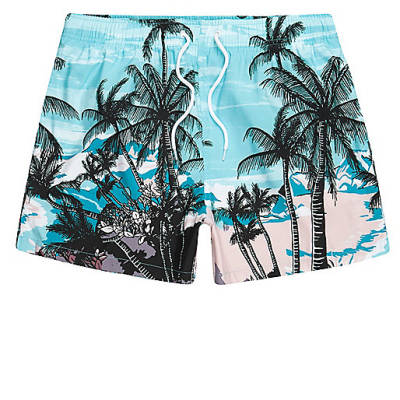 jacques-vertuk Blue palm tree beach scene print swim trunks 301319 men Shorts Swim Shorts