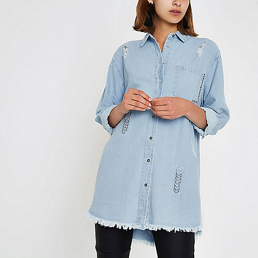 river island mules flat,jacques-vertuk Shirts For Women Blue ripped ring oversized denim shirt Shirts Tops women