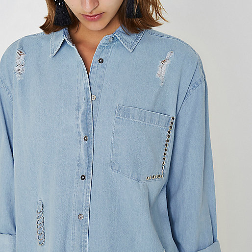 river island mules flat,jacques-vertuk Shirts For Women Blue ripped ring oversized denim shirt Shirts Tops women