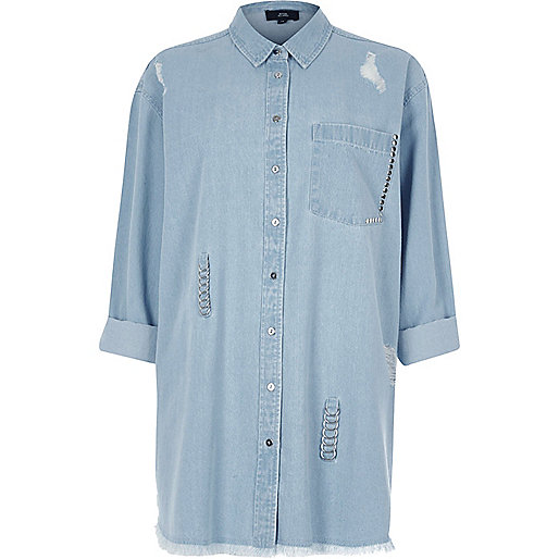 jacques-vertuk Blue ripped ring oversized denim shirt 703004 women Tops Shirts