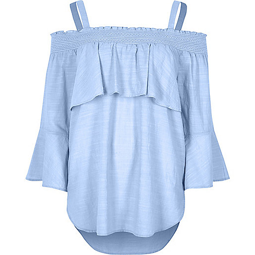 jacques-vertuk Blue shirred bardot frill top 706689 women Tops