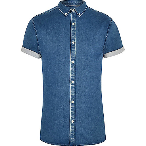 jacques-vertuk Blue short sleeve muscle fit denim shirt 300836 men Shirts Short Sleeve Shirts