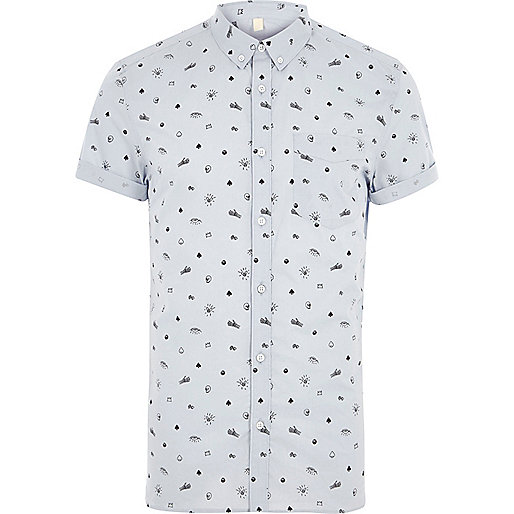 jacques-vertuk Blue skull print slim fit short sleeve shirt 302712 men Shirts Short Sleeve Shirts