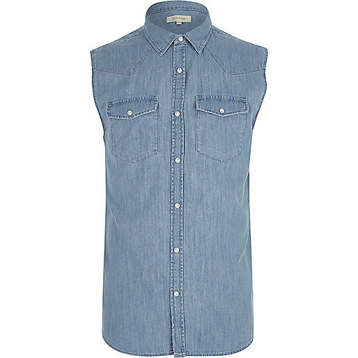 jacques-vertuk Blue sleeveless denim western shirt 302827 men Shirts Short Sleeve Shirts