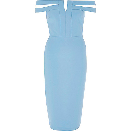 jacques-vertuk Blue split bardot neck bodycon midi dress 704417 women Dresses Bodycon Dresses