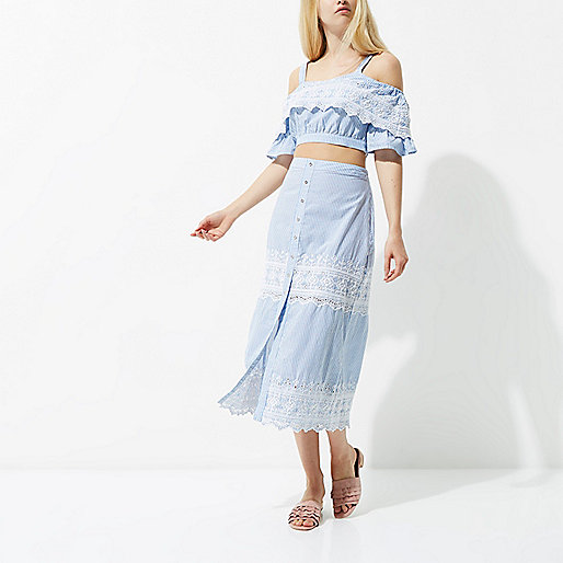 womens summer dresses river island,jacques-vertuk Online Sat?? Blue stripe embroidered midi skirt Skirts Sale women