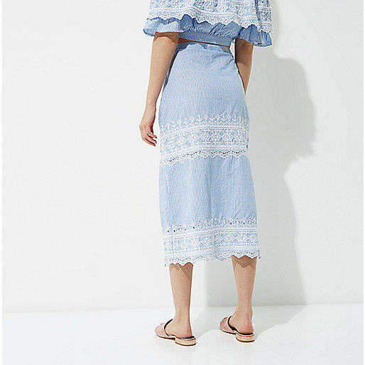 womens summer dresses river island,jacques-vertuk Online Sat?? Blue stripe embroidered midi skirt Skirts Sale women