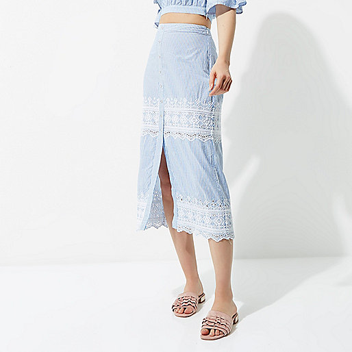 womens summer dresses river island,jacques-vertuk Online Sat?? Blue stripe embroidered midi skirt Skirts Sale women