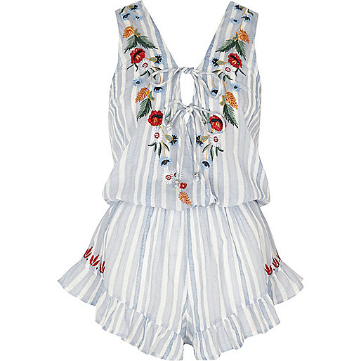 jacques-vertuk Blue stripe floral embroidered romper 703348 women Nightwear & Slippers Pyjamas & Loungewear