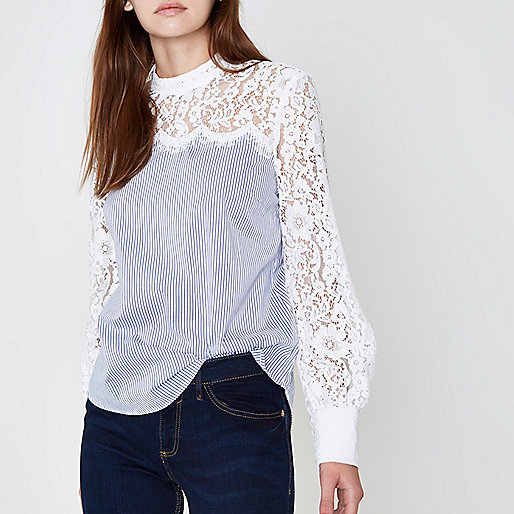 river island cream puffer coat,jacques-vertuk Online Kopen Blue stripe lace sleeve high neck top Blouses Tops women