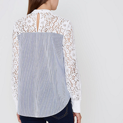 river island cream puffer coat,jacques-vertuk Online Kopen Blue stripe lace sleeve high neck top Blouses Tops women